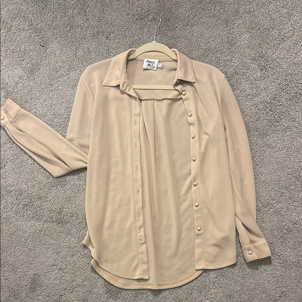 New York & Company Tan Button Down Shirt with Notched Collar